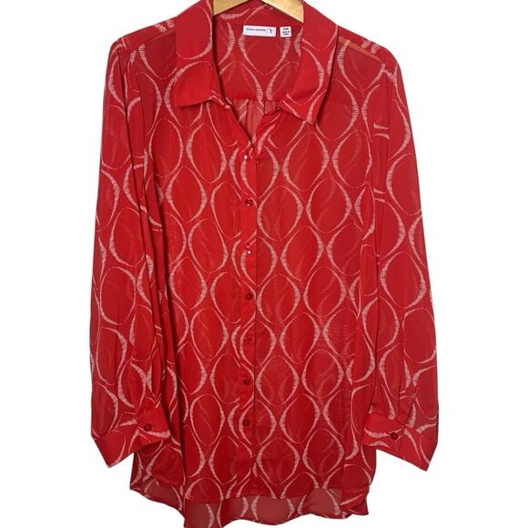 Susan Graver Top Women's Size 24w Button Down Red Abstract Artsy Sheer Career - Picture 1 of 6